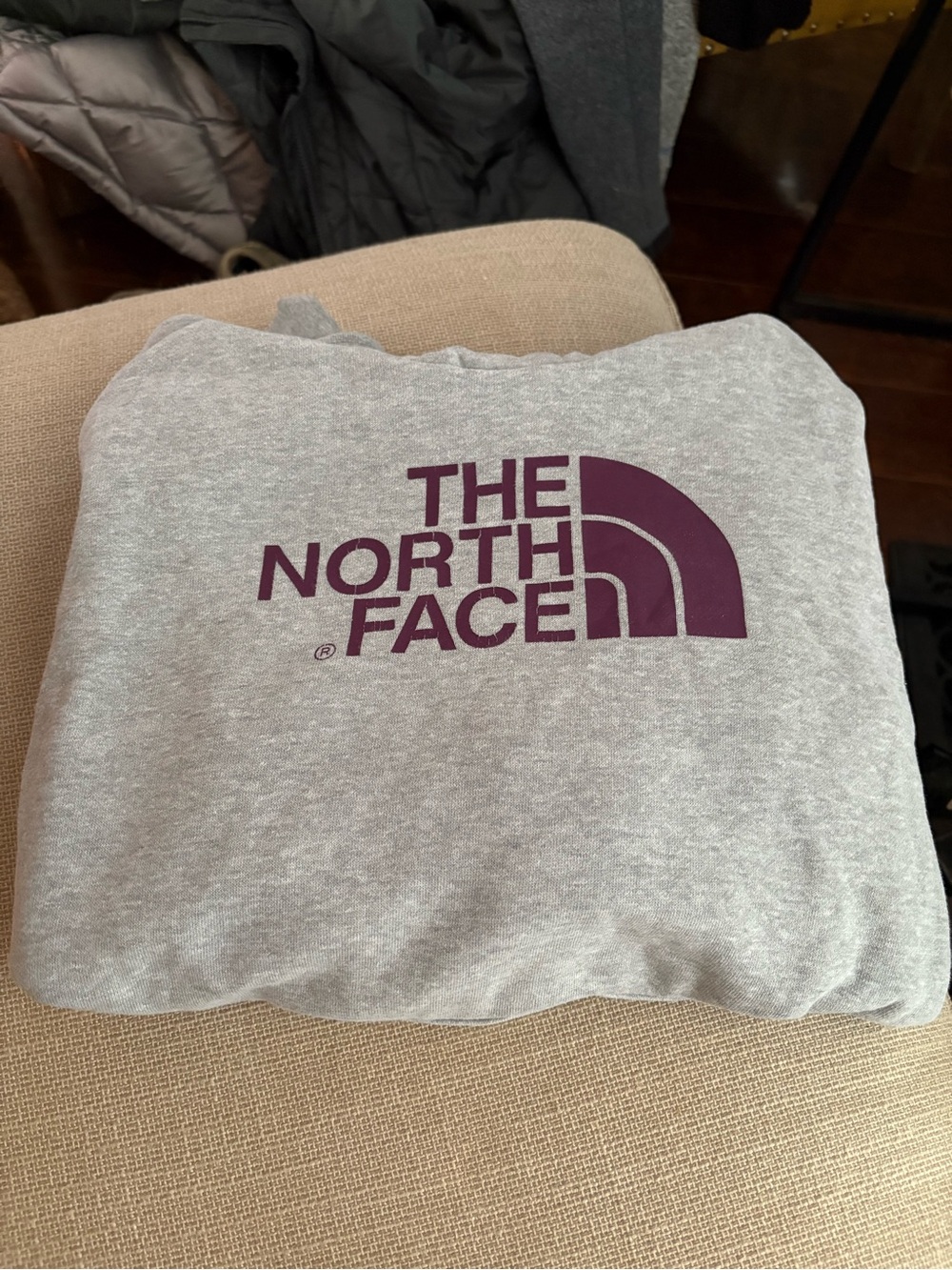The North Face Heather Gray Hoodie with Plum Logo Accent